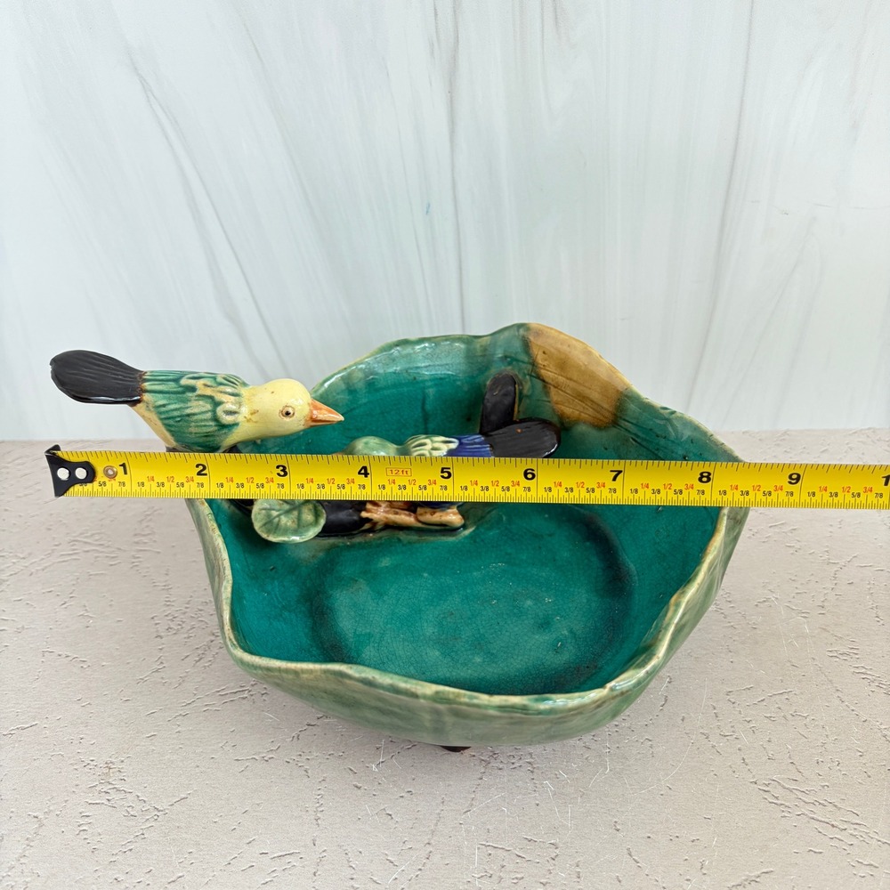 Vintage Artisan Ceramic Bird Bowl Teal Green Crackle Glaze Hand Painted Decor - Picture 10 of 12